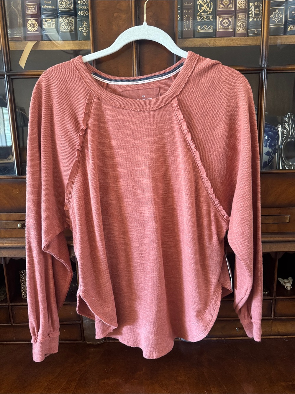 Anthropologie Rose-Mauve Ruffle-Trim Pullover Sweatshirt